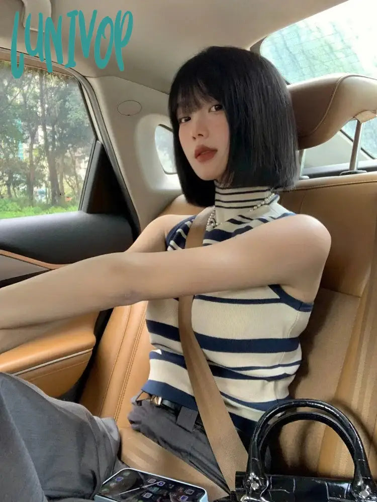 Lunivop Y2k Aesthetic Streetwear Vintage Striped Tank Top 2024 Spring Slim Sleeveless Cropped Tops All Match Turtleneck Harajuku Tanks navy tank top