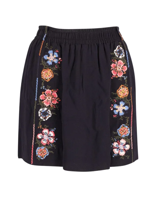 Chloe Embroidered Mini Skirt in Black Crepe linen skirt breathable