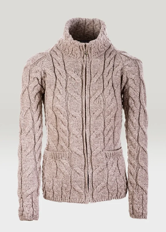 Aran Full Zip Cardigan | Oatmeal Striped Floral Plaid