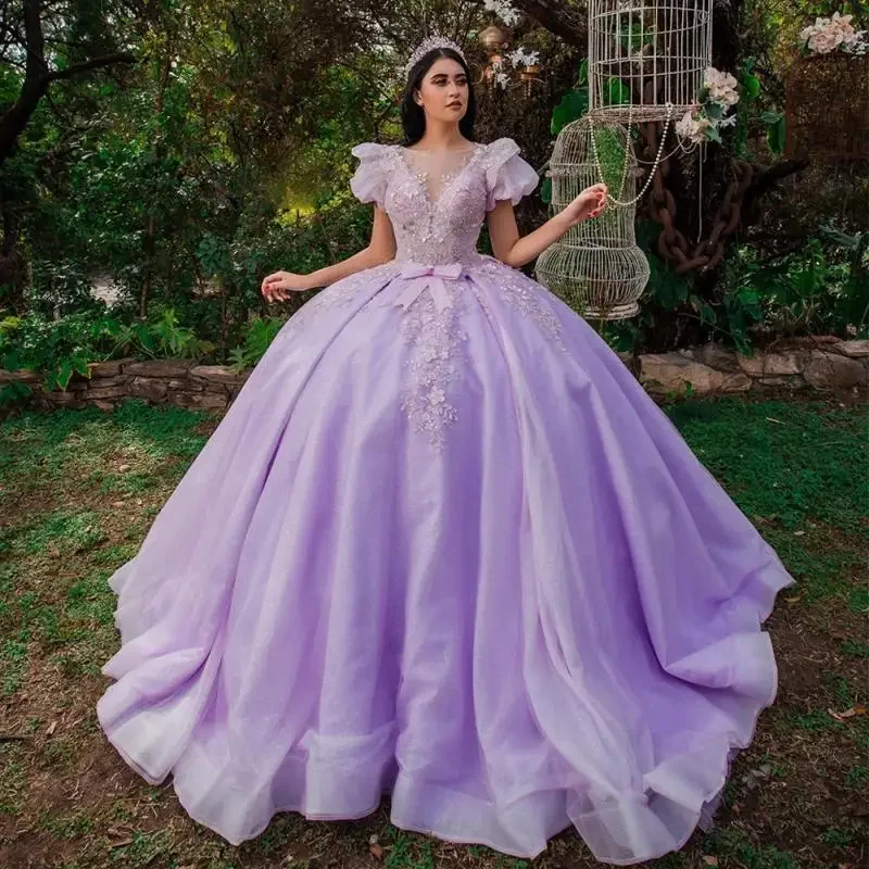 Lilac Quinceanera Dress Ball Gown Princess Party Dresses for Birthday Scoop Short Sleeves Sparkling Tulle Sweet 15 Year Gowns Tunics Sophisticated sleek
