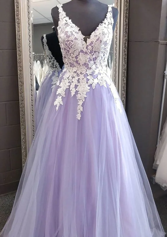 Princess Sleeveless V Neck Lavender Lace Tulle Formal Party Dress Prom Dress Glittery Long Formal