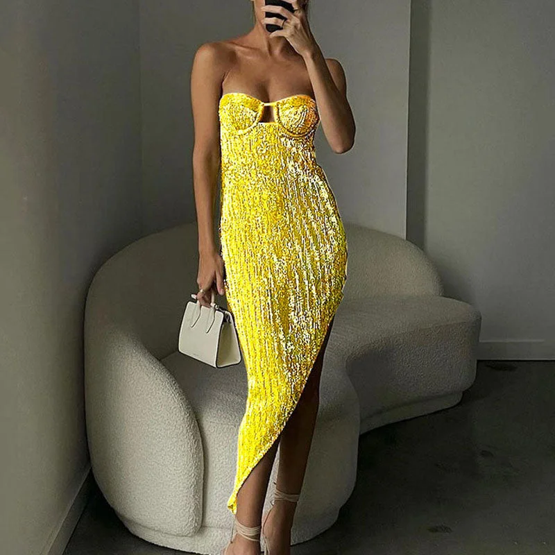 Cinessd Sequins Bandeau High Slit Irregular Party Dress sweetheart Neckline Romantic