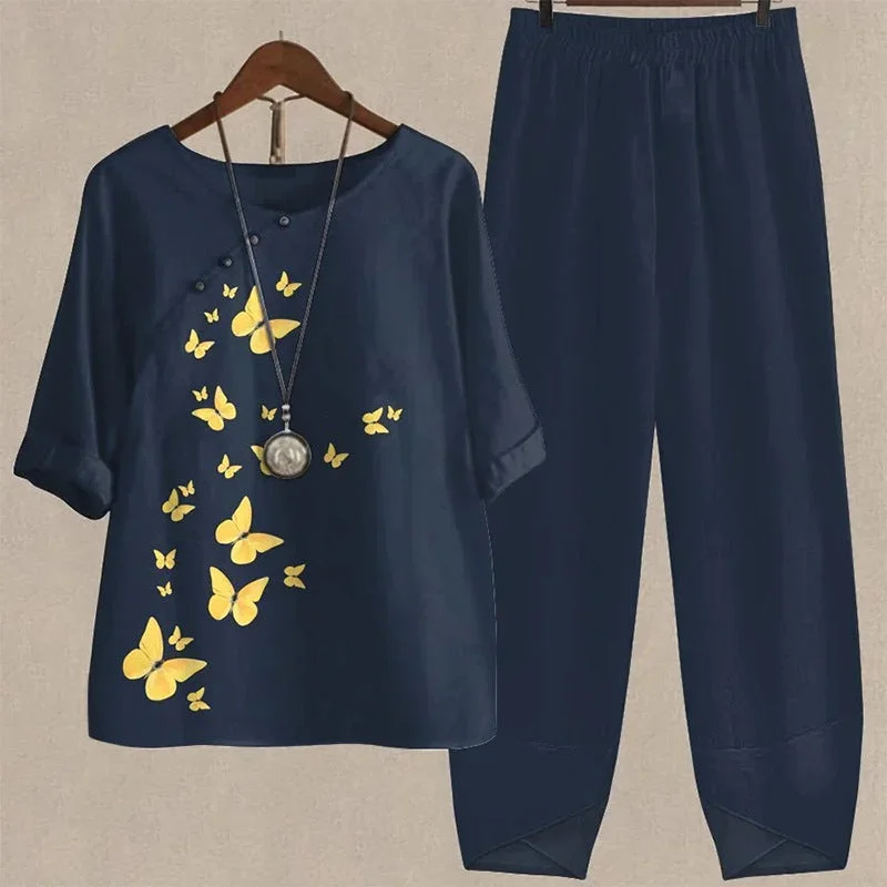Women's Five-quarter Sleeve Printed Top Two-piece Pants Fashionable Tapered Leg Pants