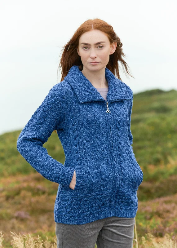 Aran Crafts Double Collar Trinity Cardigan | Blue Mesh Cardigan Canvas Denim