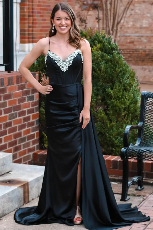 Black V Neck Beading Satin Backless Long Party Dress Evening Gown,DP1269 Tunics Seasonal trendy
