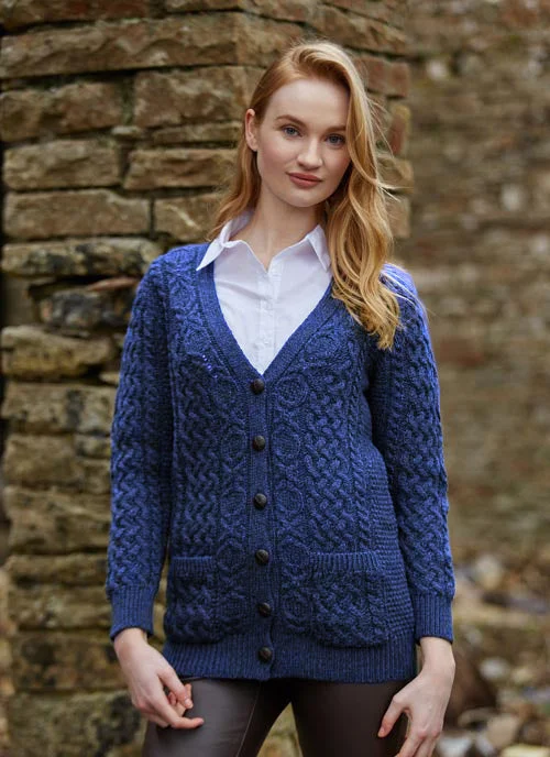 Adare Boyfriend Aran Cardigan | Blue Ribbed Striped Patterned
