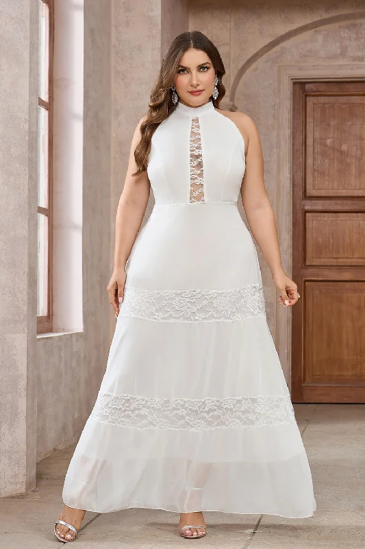 White A-Line Halter Lace Long Party Dress Tunics Brand named