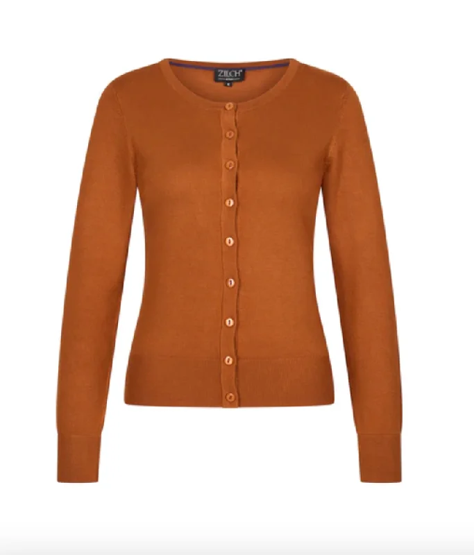 Zilch - Caramel Round Neck Cardigan Fitted Slim Tailored