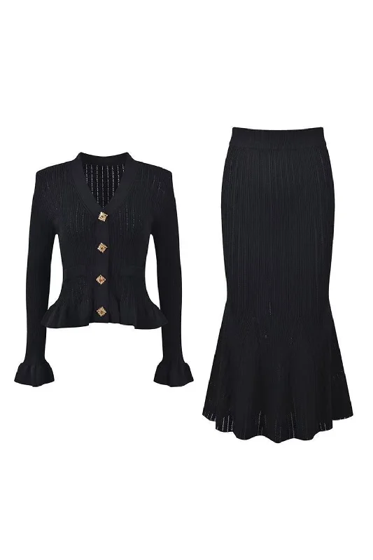 Black Mermaid Long Sleeve Single Breasted 2 Pieces Long Party Dress Tunics Winter warm