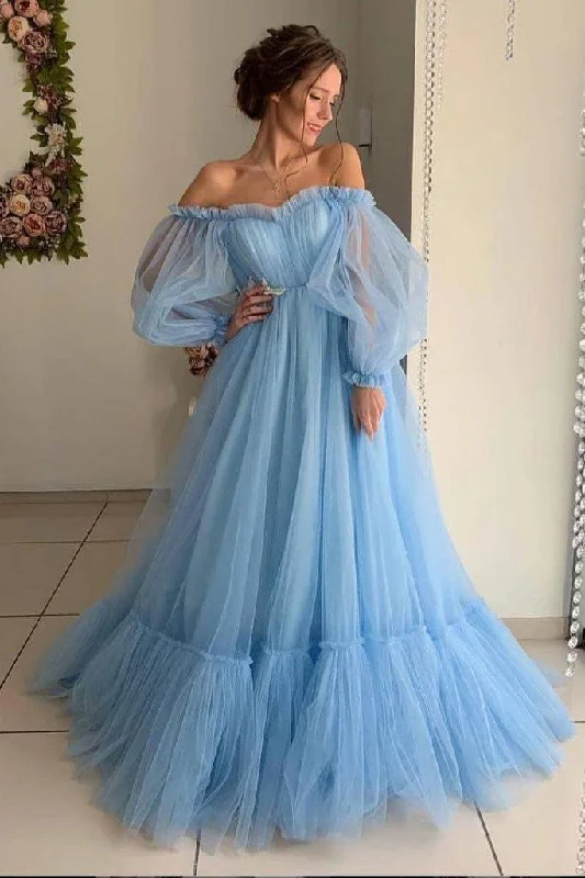 Off the Shoulder Sky Blue Long Prom Dress Elegant Party Dress  PG971 Boatneck Modish Everyday
