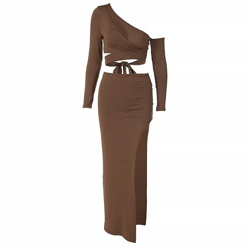 BerryBetty - Asymmetrical solid long sleeve self tie skirt set a-line skirt cut
