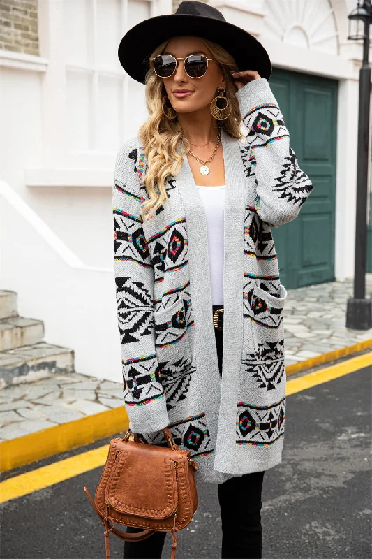 Printed Long Sleeve Cardigan with Pocket Plaid Cardigan Polka Dot Checkered