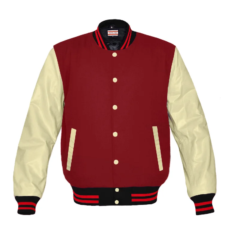 Original American Varsity Real Cream Leather Letterman College Baseball Women Wool Jackets #CRSL-RSTR-CB-Bband Nylon Fabric Polyester Fabric Spandex Fabric