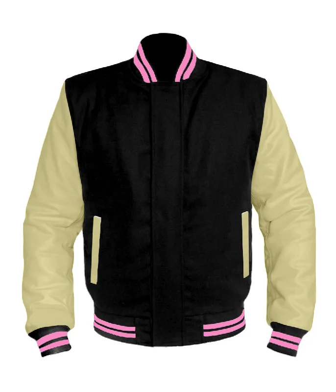 Original American Varsity Cream Leather Sleeve Letterman College Baseball Women Wool Jackets #CRSL-PKSTR-BZ V-Neck Jacket Boat Neck Jacket Square Neck Jacket