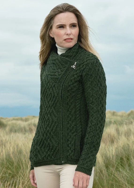 Aran Crafts Ladies Side Zip Cardigan | Green Welt Pockets Slit Pockets Flap Pockets