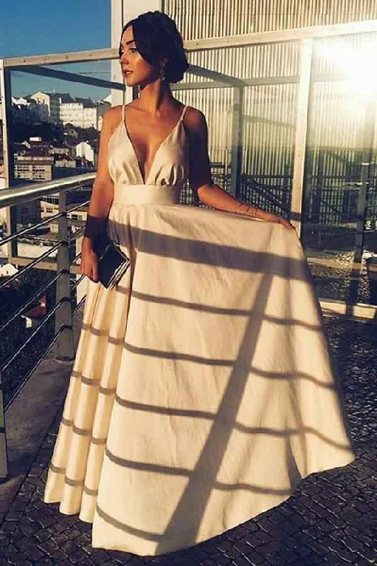 A-Line V-Neck Floor Length Straps Satin Prom/Party Dress PG660 Turtleneck Neckline Stylish