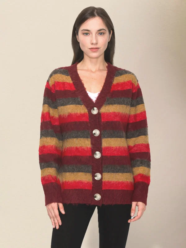 Bold Stripe Knit Fuzzy Wool Blend Button Front Classic Long Sleeve Cardigan Sweater Rayon Fabric Velvet Fabric Corduroy Fabric