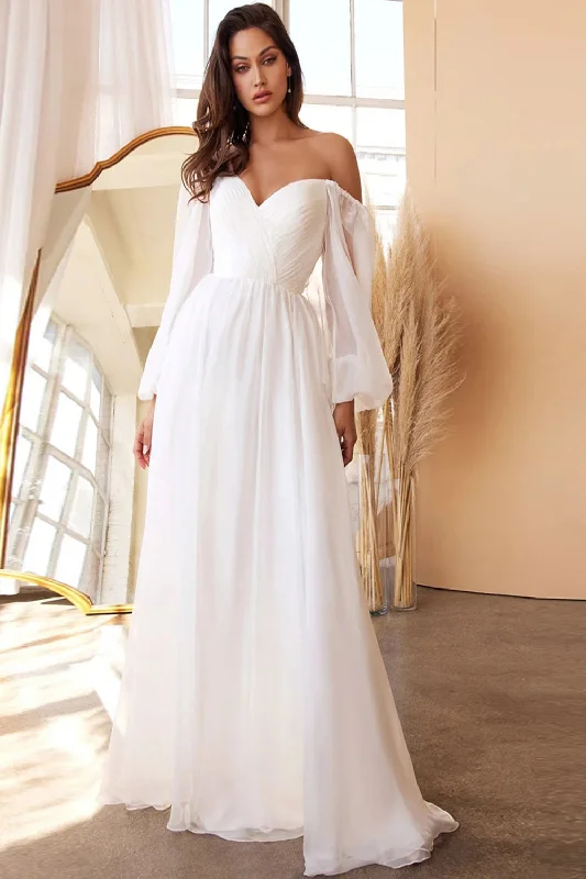 White A-Line Off the Shoulder Long Sleeves Ruched Wedding Party Dress Tunics Modern contemporary
