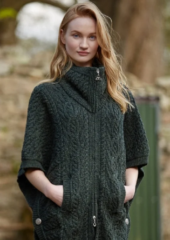 Aran Crafts Funnel Neck Cardigan | Green Stretchy Elastic Breathable