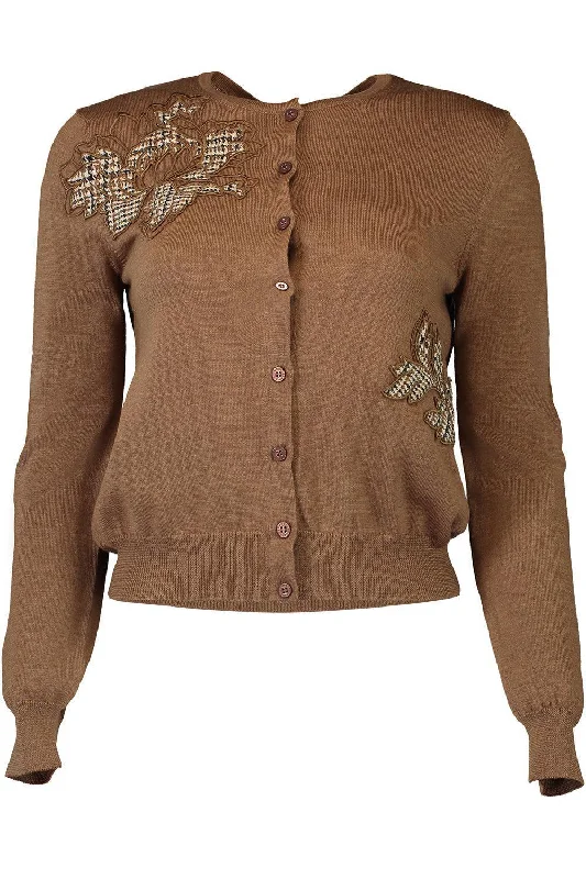 Peony Appliqué Plaid Cardigan Asymmetrical,ymmetric Pencil Cardigan