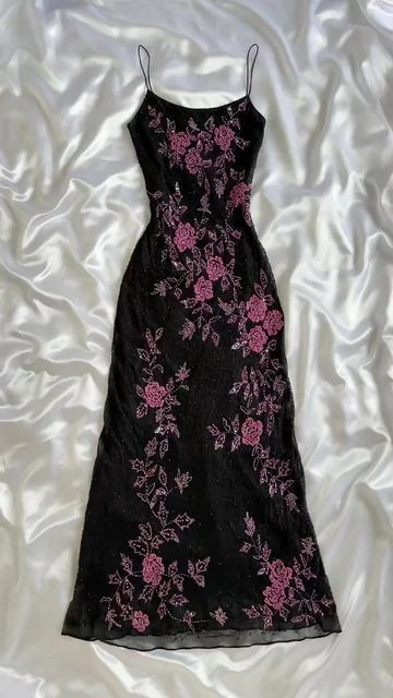 Sexy Black Floral Beading Vintage Charming Long Party Dress, DP2519 Crew Neckline Casual