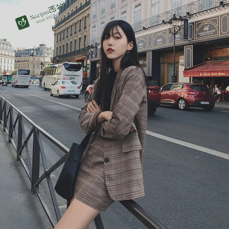 2022 Spring and Autumn Small Suit Jacket Women's Casual Plaid Small Suit Two-piece Retro Plaid Small Fragrant Skirt Trend Jacket Blazer Coat
