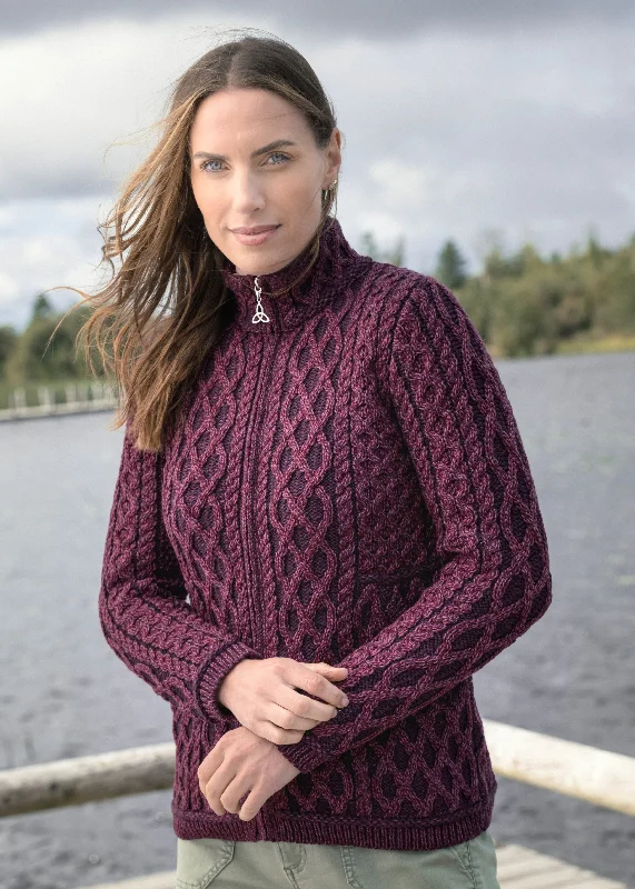Aran Crafts Plated Zip Cardigan | Purple Beaded Cardigan Sequined Faux Fur