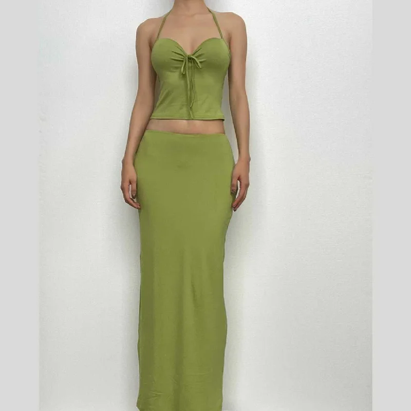 BerryBetty - Halter sweetheart neck backless padded solid maxi skirt set high waist skirt