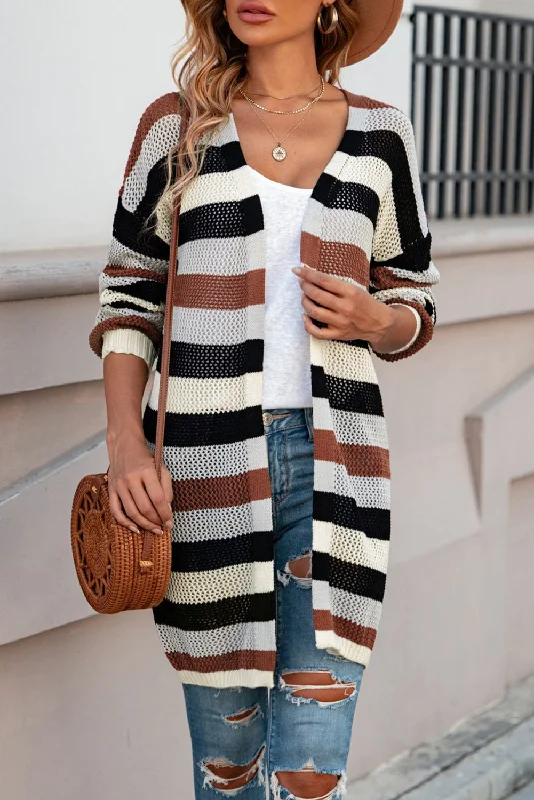 Full Size Striped Long Sleeve Openwork Cardigan Patchwork Embroidered Appliqued