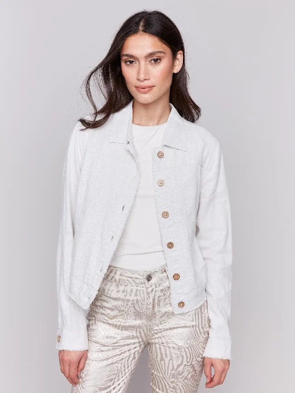 Linen Blend Jacket - Natural Tiered Jacket Buttoned Jacket Zippered Jacket