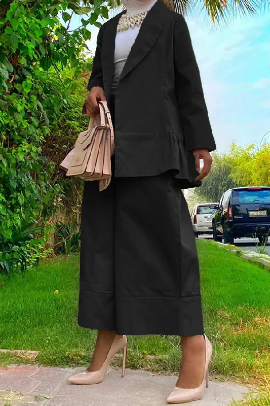Ruffle Hem Jacket & High Waist Pants Set Notch Collar Peter Pan Collar Cowl Neck