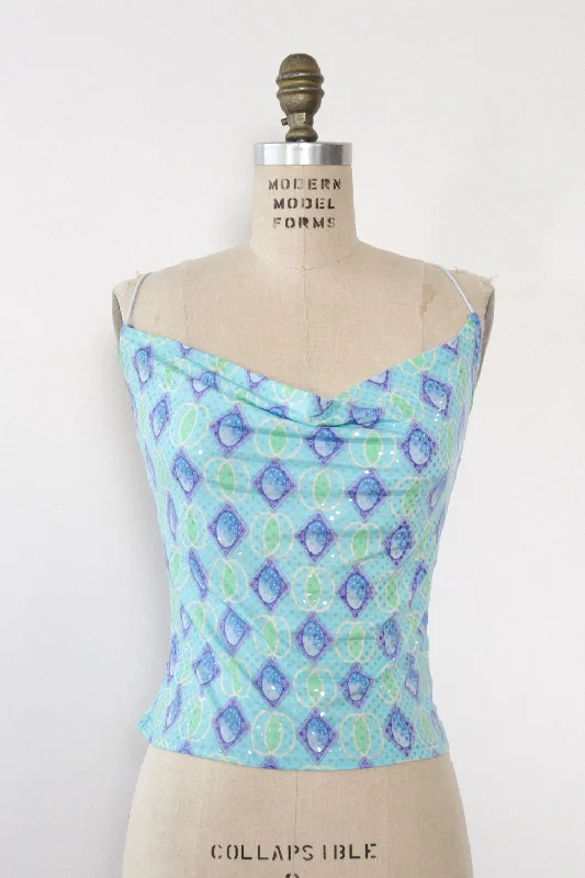 Aqua Glitter Cowl Tank M/L summer tank top