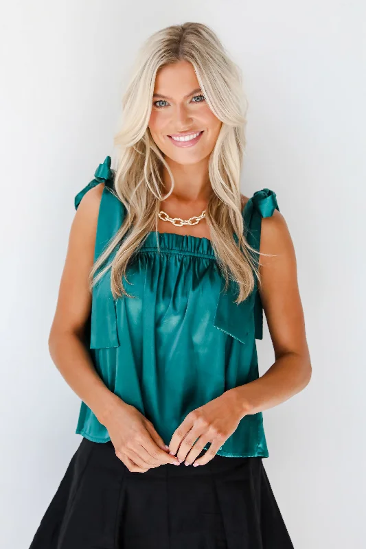 FINAL SALE - Exceptional Charmer Green Satin Tank print tank top