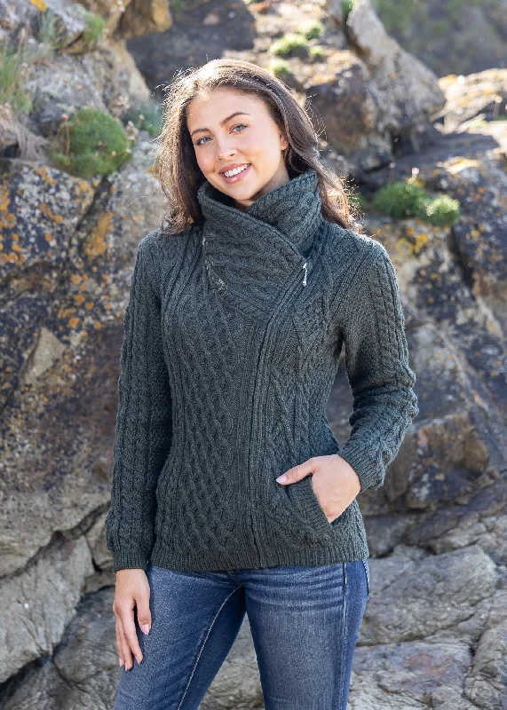 Aran Bikers Claddagh Side Zip Cardigan | Army Green Glossy Satin Silk