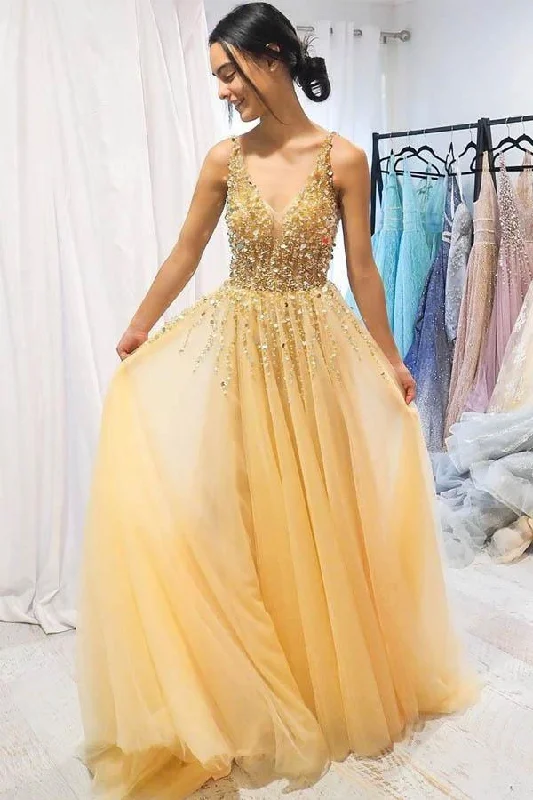 A-line V neck Sparkly Yellow Long Prom Dress Party Dress PSK026 Tunics Gym athletic