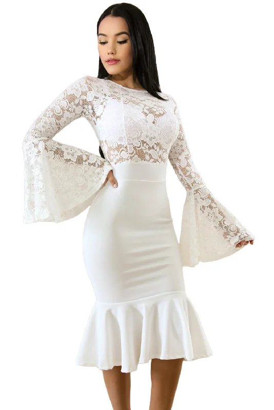 Sexy White Lace Bell Mermaid Bodycon Party Dress Cowl Neckline Elegant