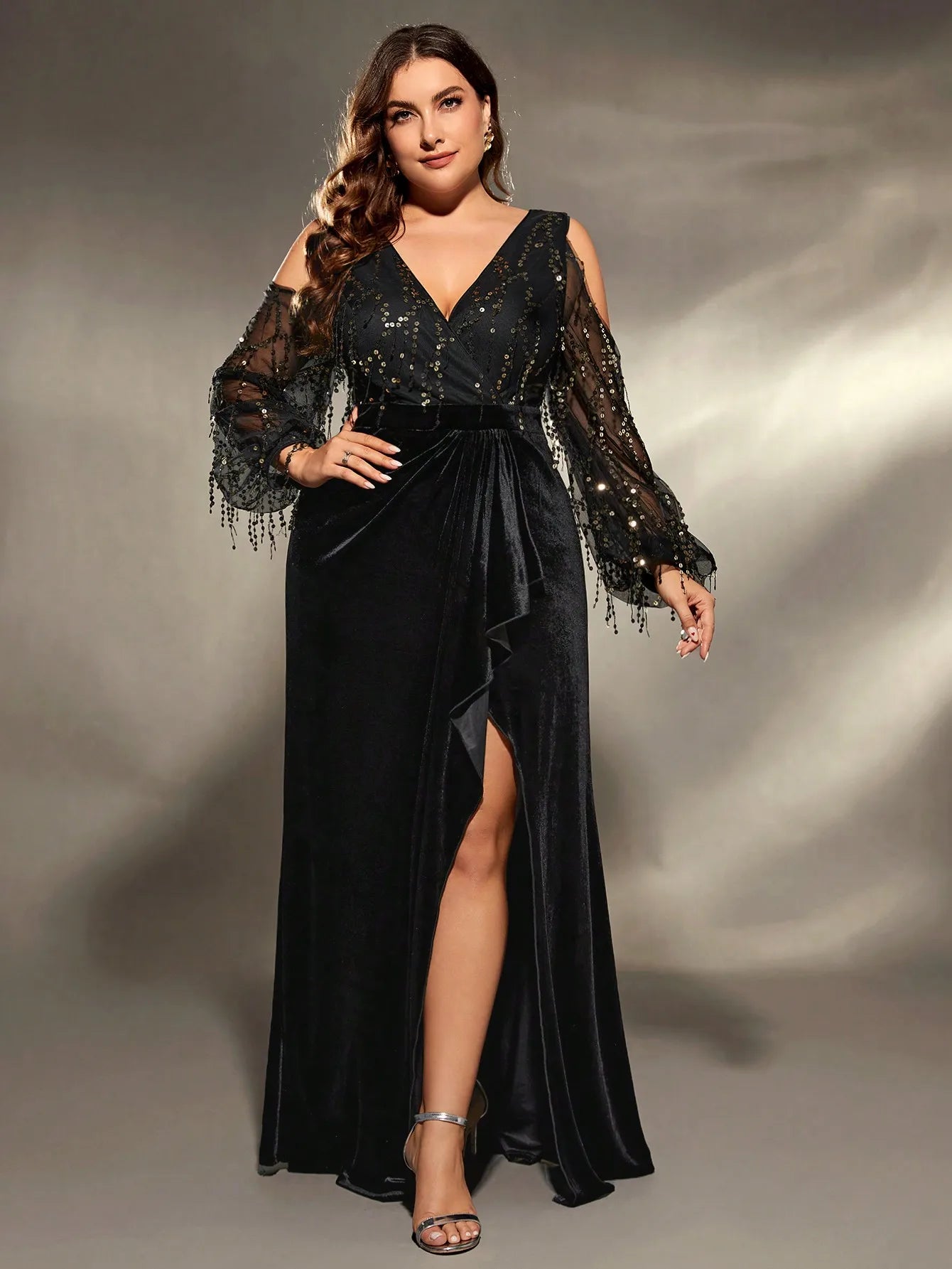 Black Plus Size V Neck Sequin Velvet Party Dress Satin Halter Glamorous