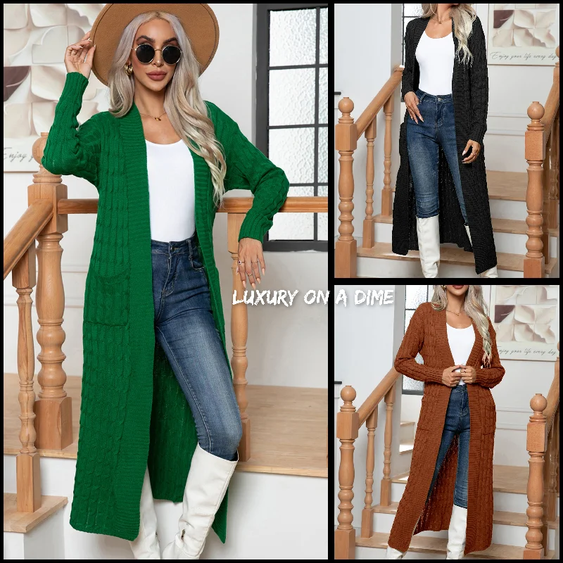 Cable Knit Long Sleeve Open Front Pocket Casual Sweater Cardigan Longline Duster Handmade Hand-knitted Hand-woven