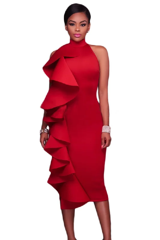 Sexy Red Halter High Neck Ruffled Midi Party Dress with Back Slit Tunics Trousers formal