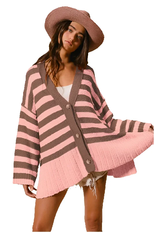 BiBi Oversized Knit Cardigan Slit Side Long Sleeve Stripe Soft Button-Up Sweater Elegant Classic Vintage