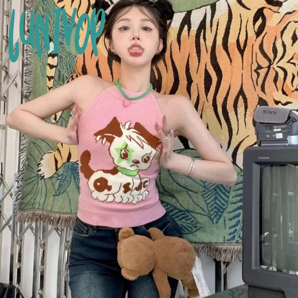 Lunivop Kawaii Puppy Embroidery Tank Top Summer Vintage Sleeveless Knitting Halter Top Japanese Camisole Cami Top Sexy Y2k Crop Top coral tank top