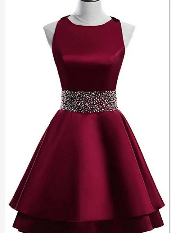 Dark Red Satin Short Two Layered Homecoming Dress, O-neckline Party Dress, Short Formal Dress Tunics Formal black