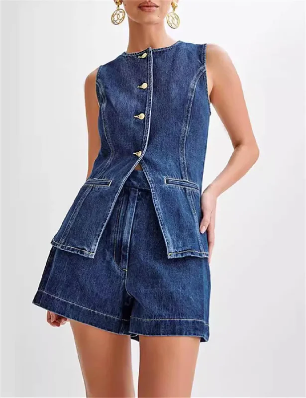 Ladies Denim Sleeveless Tank Top and Shorts Sets 16881 turquoise tank top