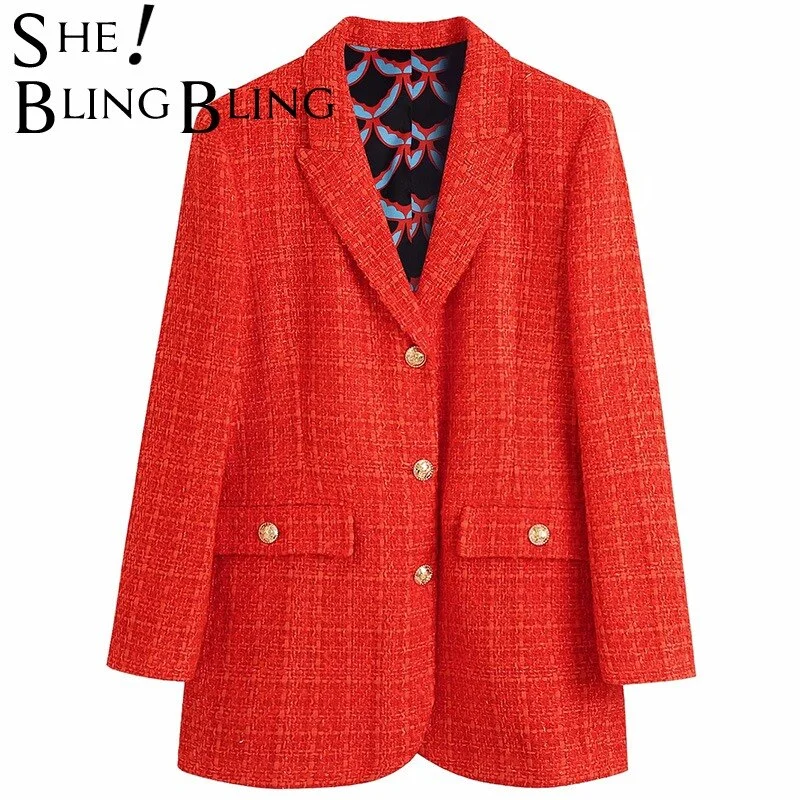SheBlingBling Za Woman 2022 Casual Traf Coats Autumn Tweed Woolen Single Breasted Thick Long Jacket Office Lady Red Plaid Blazer Front Pockets Side Pockets Patch Pockets