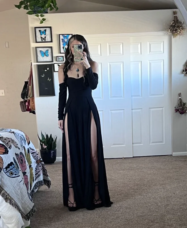 Black Unique A-Line Long Evening Party Dress with Split, DP3236 Tunics Modern contemporary