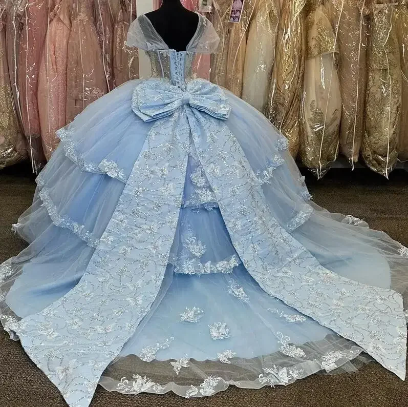 Light Blue Quinceanera Dresses Ball Gown Birthday Party Dress Lace Up Graduation Gown Beading With Bow quinceanera de 15 anos Tunics Essential wardrobe