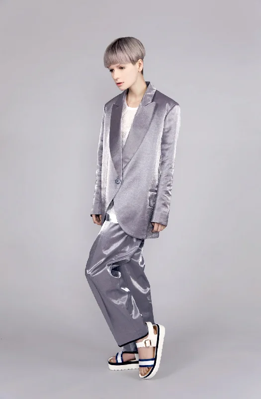 High Shine Silver "Tria" Formal Jacket A-Line Jacket Boat Neck Shawl Collar