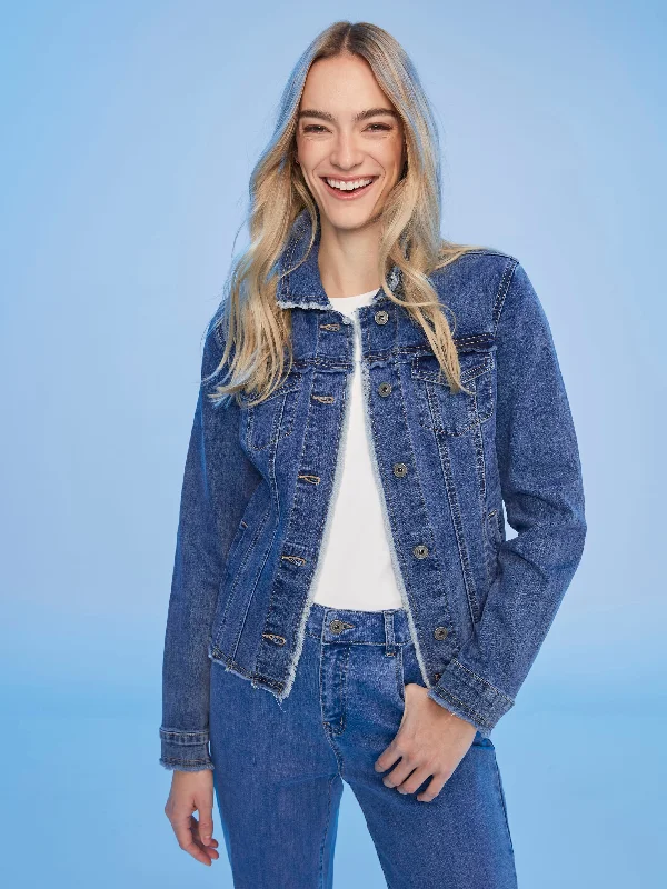Frayed Edge Stretch Denim Jacket - Medium Blue Cotton Jacket Linen Jacket Terry Jacket Frayed Edge Stretch Denim Jacket - Medium Blue Cotton Jacket Linen Jacket Terry Jacket
