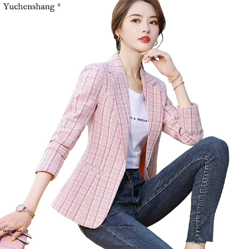 Woman Pink Apricot Plaid Blazer Autumn Winter Outwear Casual Jackets Female Slim Single Button Coat For Girl S-4XL Trench Coat Raincoat Waterproof Jacket