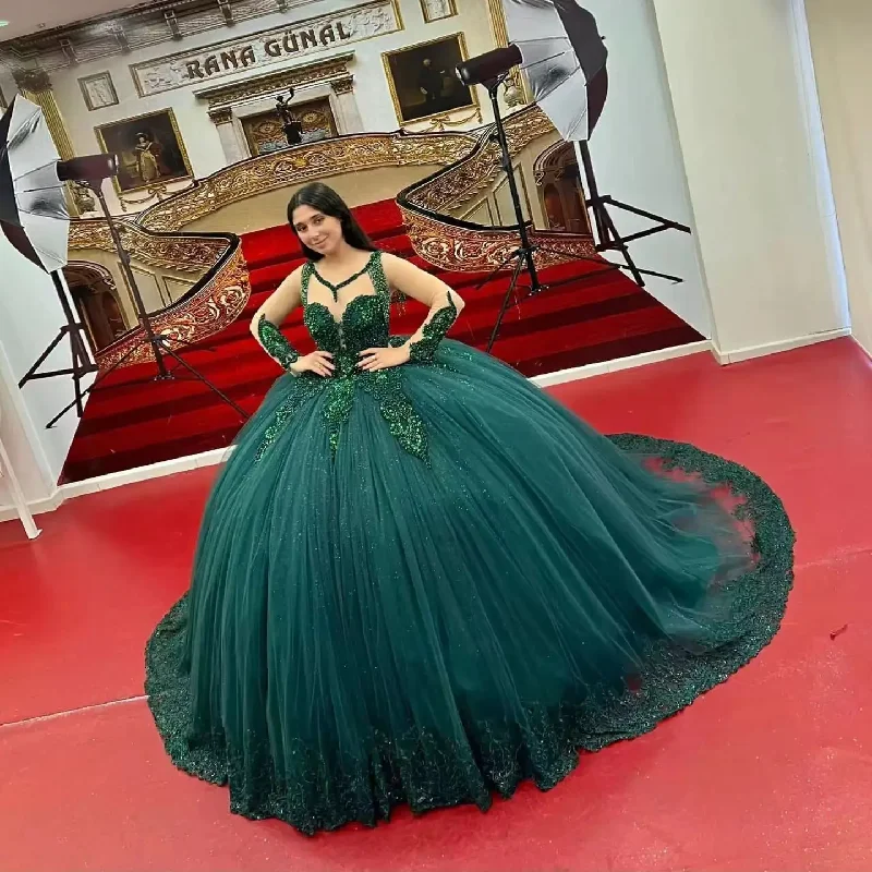Emerald Green Quinceanera Dress For Girl Ball Gown Shiny Sequin Lace Appliques Party Dresses Vestidos De 15 Años Tunics Print Colorful